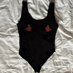 Black Bodysuit with Red Rose Detailing